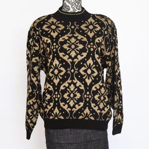 VTG 80's Metallic Gold & Black Sweater w/Shoulder Pads Size Large EUC